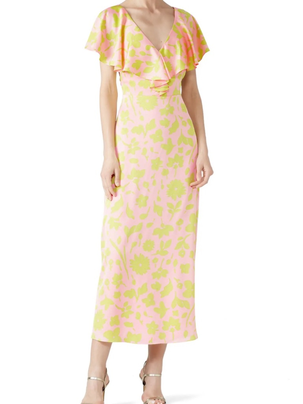 Kate Spade Pink & Lime Floral Ruffle V-Neck Maxi Dress